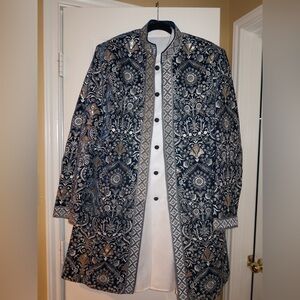 Men's Blue and White Embroidered Jacket Kurta